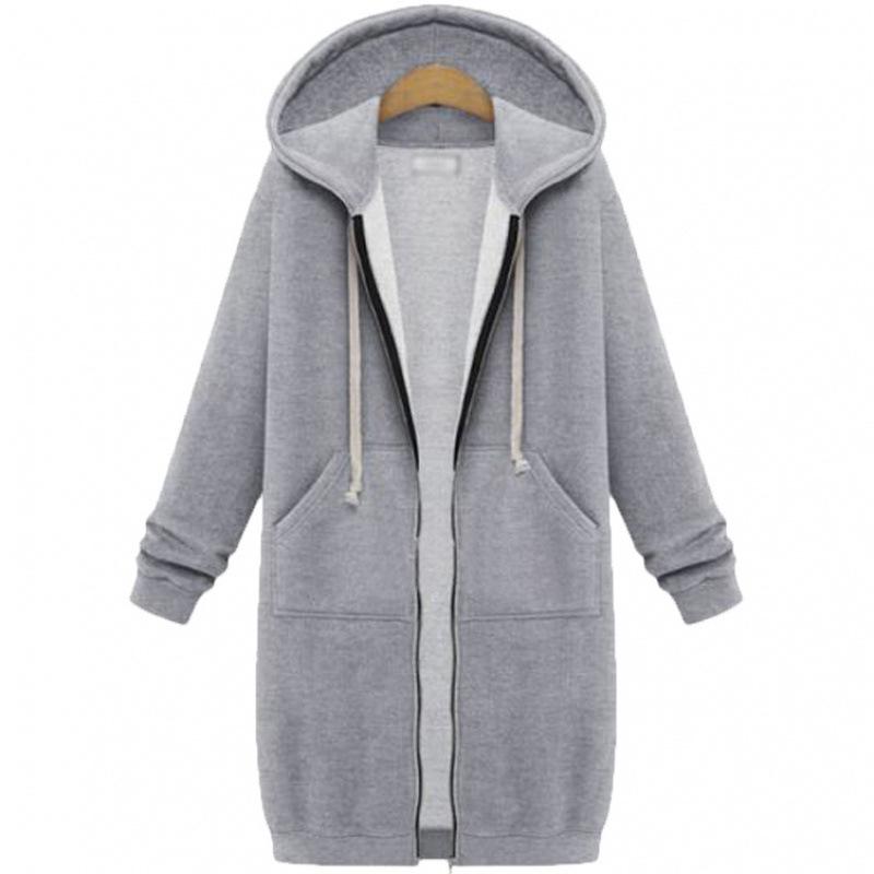 Bay Autumn and Winter Women s Hooded Long Sleeve Medium and Long Sweater Fleece Shirt Long Jacket S серый