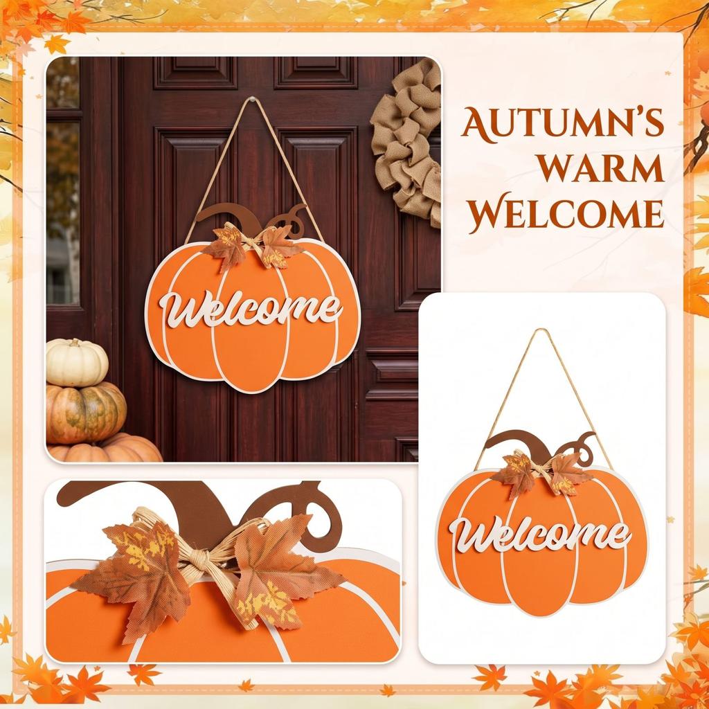 Wooden Pumpkin Fall Door Hanger Welcome Sign for Front Door, Porch, Wall - Thanksgiving Home Decor (Orange)