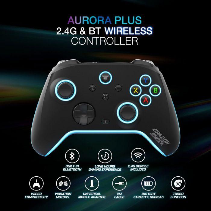 DragonShock - Manette RGB sans fil noire AURORA PLUS avec support téléphone pour Android, IOS, PS3 et PC | Mode Turbo, 800mAh