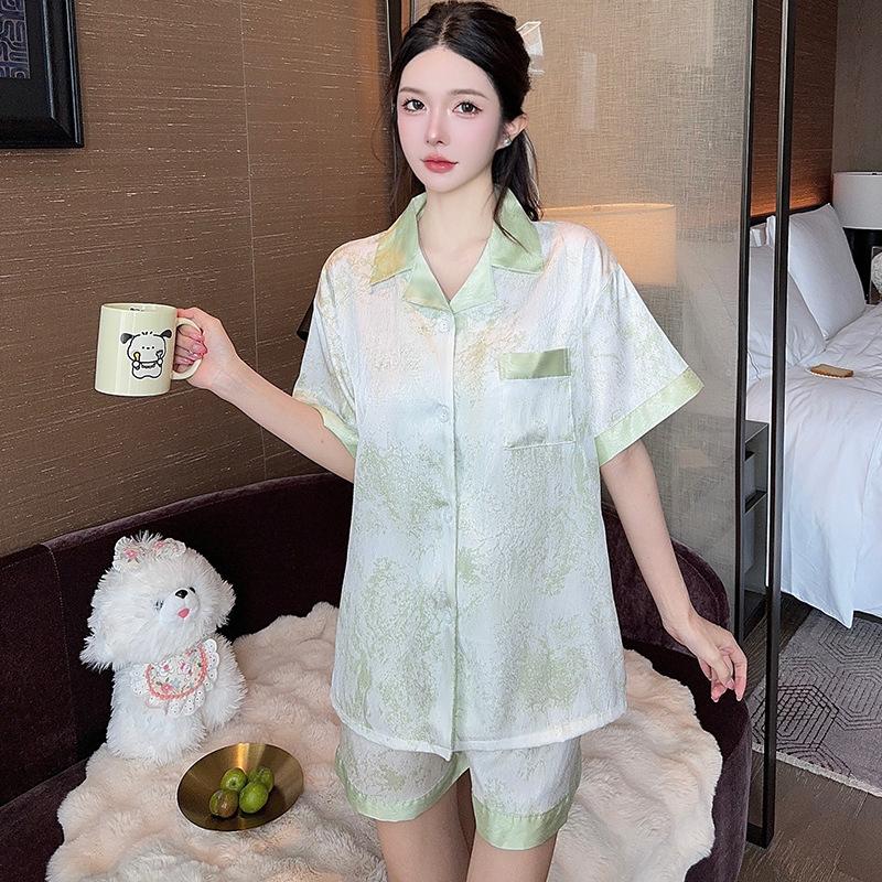 Summer Small Fresh Matcha Green Texture Printed Pajamas Women'S Fashion Short-Sleeved Shorts Set Outer Wear