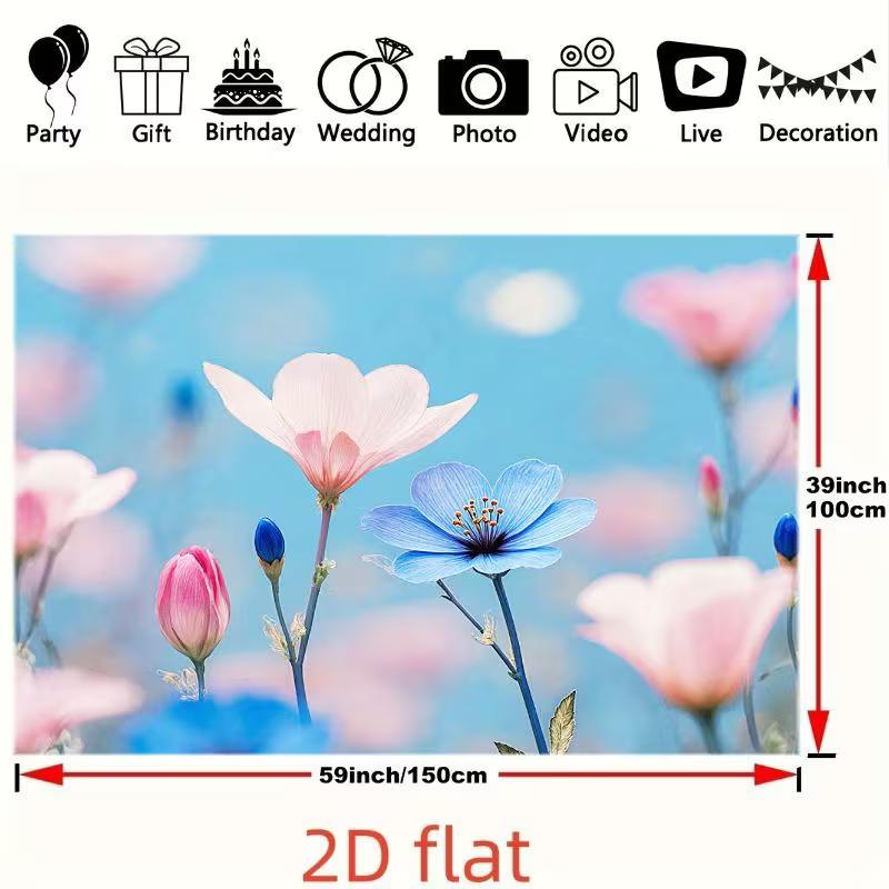 2D Pink Blue Flower Backdrop Spring Floral Banner for Photoshoot