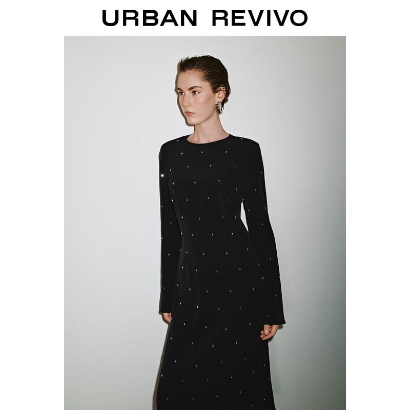 UR 2025 Autumn Elegant Rhinestone Long Sleeve Back Slit Dress