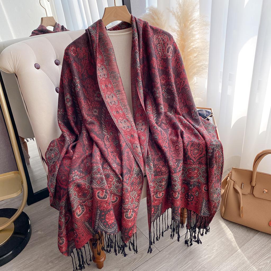 Fashion Winter Cashmere Shawl For Women - Tasseled Vintage Floral Printed Oil Painting Style Pashmina Thick Scarf