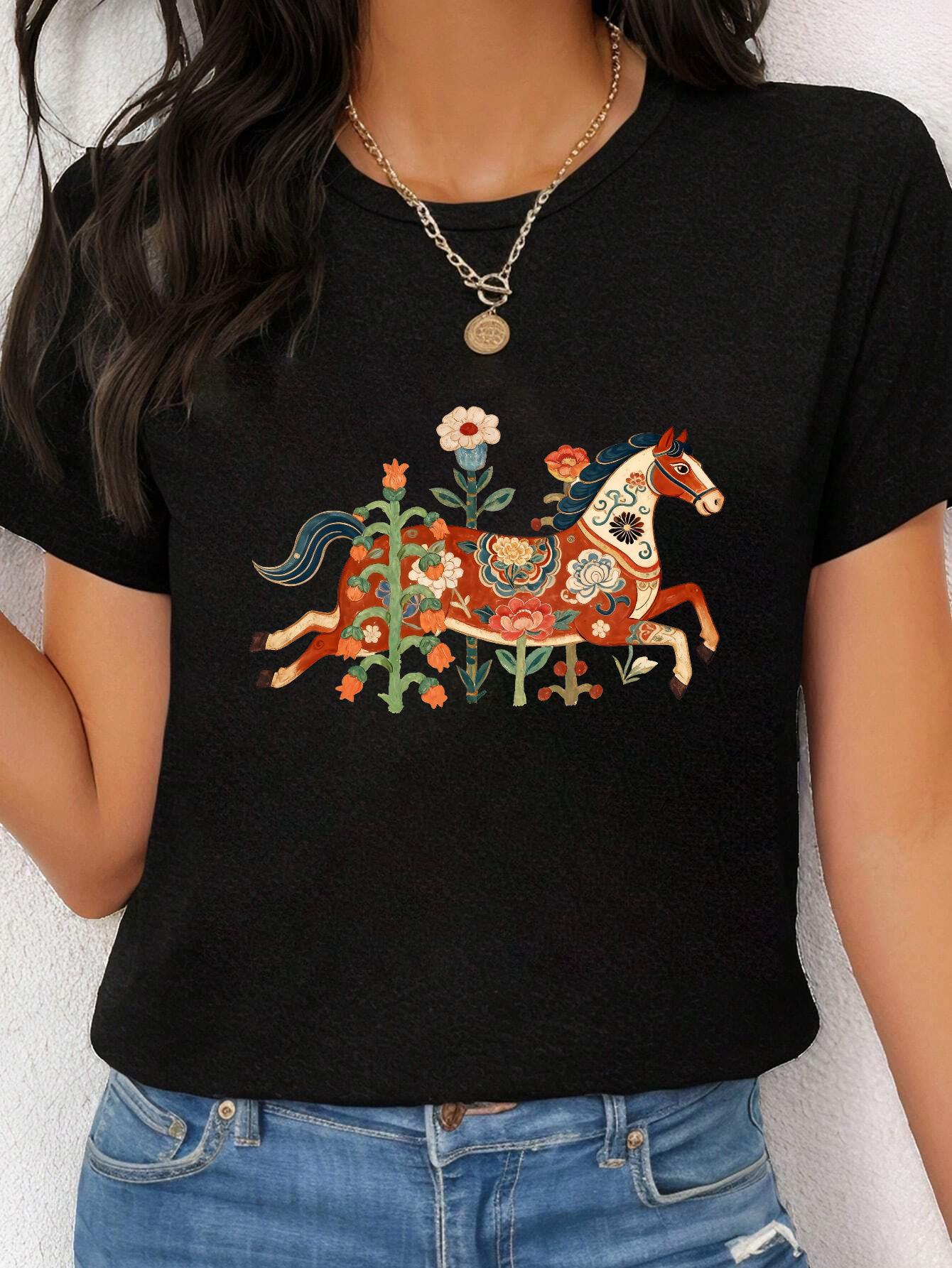 2026 Year of the Horse Women s Casual Short Sleeve T-shirt with Horse and Flower Print Extra Large