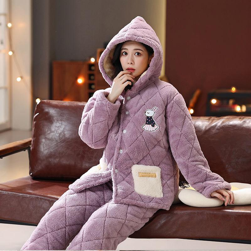 Pajamas women's three-layer thickened and cute winter can wear large-size warm padded loungewear