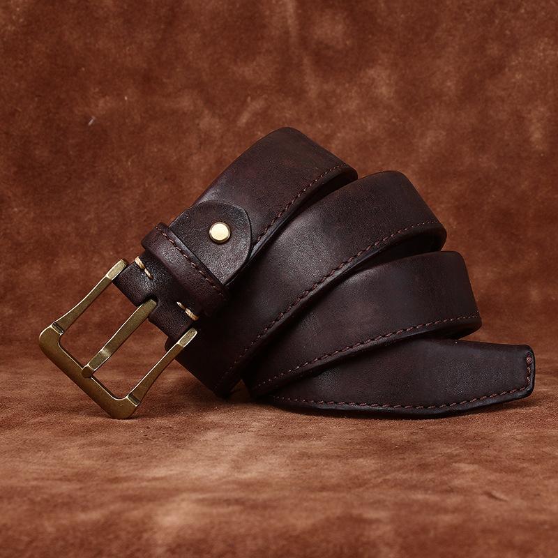 3.8Cm Wide Retro Hand-Polished Single-Layer Reflex First-Layer Cowhide Men'S Genuine Leather Pin Buckle Thickened Belt Men'S