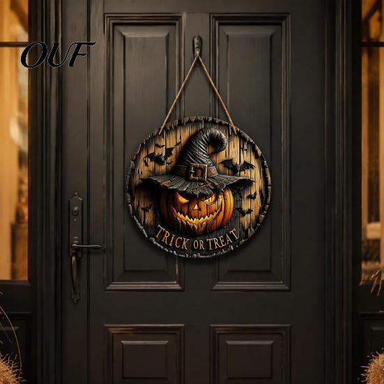 Vintage Style Holiday Sign Halloween Witch Hanging Sign, 8" Round Wooden Door Autumn Forest Porch Wall Decoration Witches Rustic for Home Front Party
