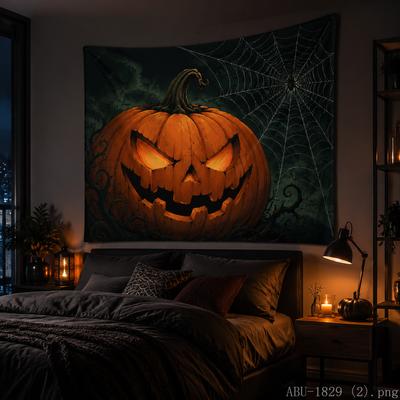 Glowing Evil Pumpkin Tapestry, Spooky Halloween Night Lightning Wall Hanging for Living Room Home Decor