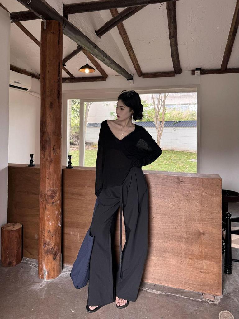 Tencel V-neck Ribbed Sheer Long Sleeve Loose Sun Protection Women's Top