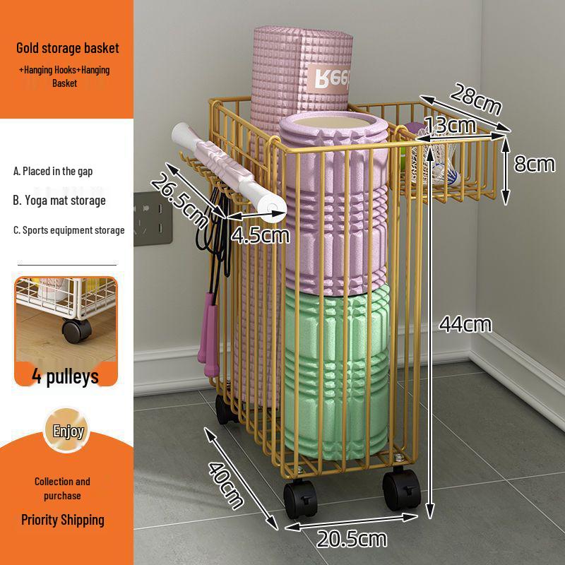 Beweglicher Yogamattenwagen mit schmalem Regal und Puppenaufbewahrungskorb