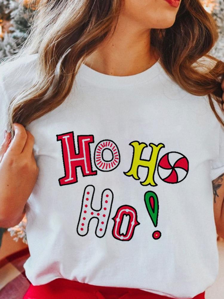 Women's Tops Christmas Short Sleeve Tees Female Summer Beach Funny Cartoon Santa Reindeer Printed T-Shirt Regular Graphic Female
