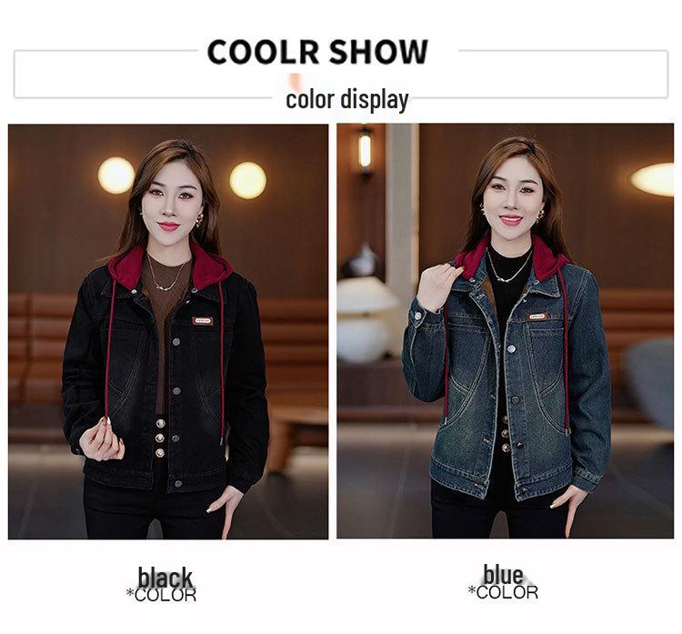 Women's Thick Velvet Hooded Denim Jacket - Autumn/Winter 2025 Chic Casual Top