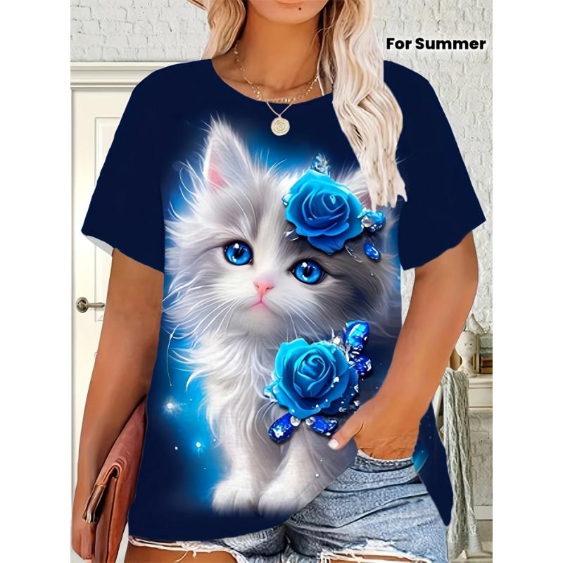 Women' Elegant Blue Rose & White Cat Print T-Shirt - Short Sleeve Round Neck Blouse, Casual Summer Top