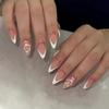 24Pcs Almond Press On Nails French Tip Floral Rhinestone Design Wearable Stiletto False Nail Tips Set