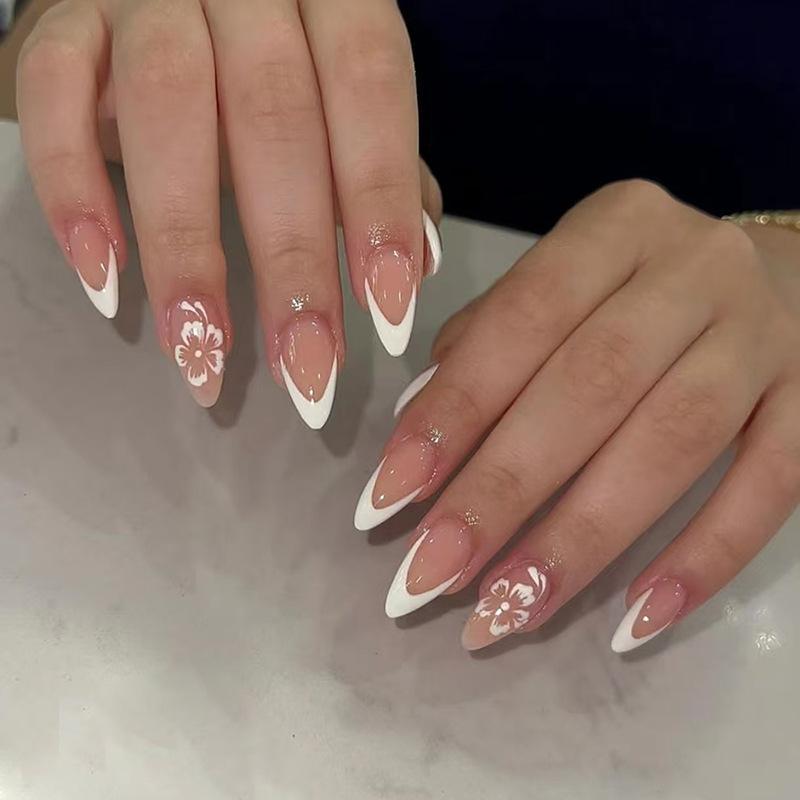 24Pcs Almond Press On Nails French Tip Floral Rhinestone Design Wearable Stiletto False Nail Tips Set