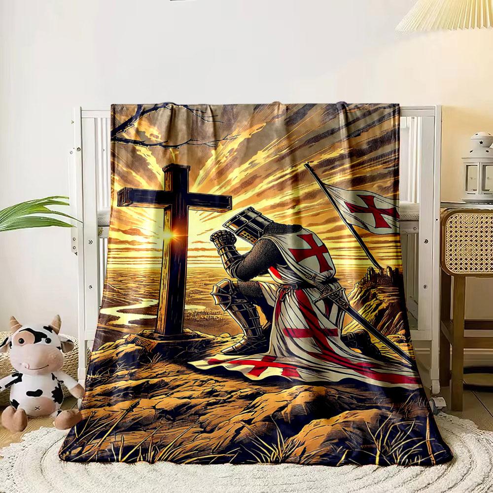 A kneeling knight in prayer before a cross with radiant sunset beams. for all seasons blanket lunch break throw gift 80cm x 120cm