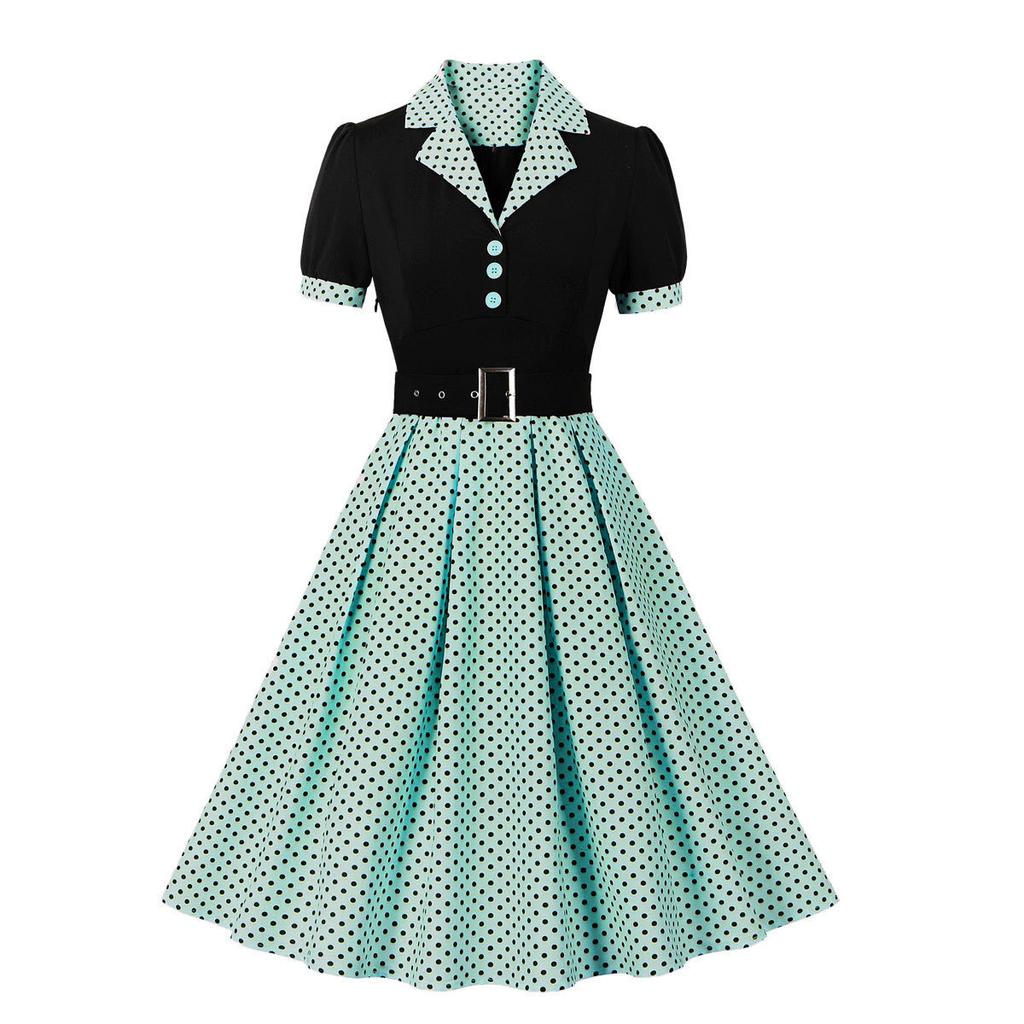 Casual Women's Fashion Polka Dot Women's Skirt, Lapel, Short Sleeved Belt, Slim Fit Spring and Summer Dress
