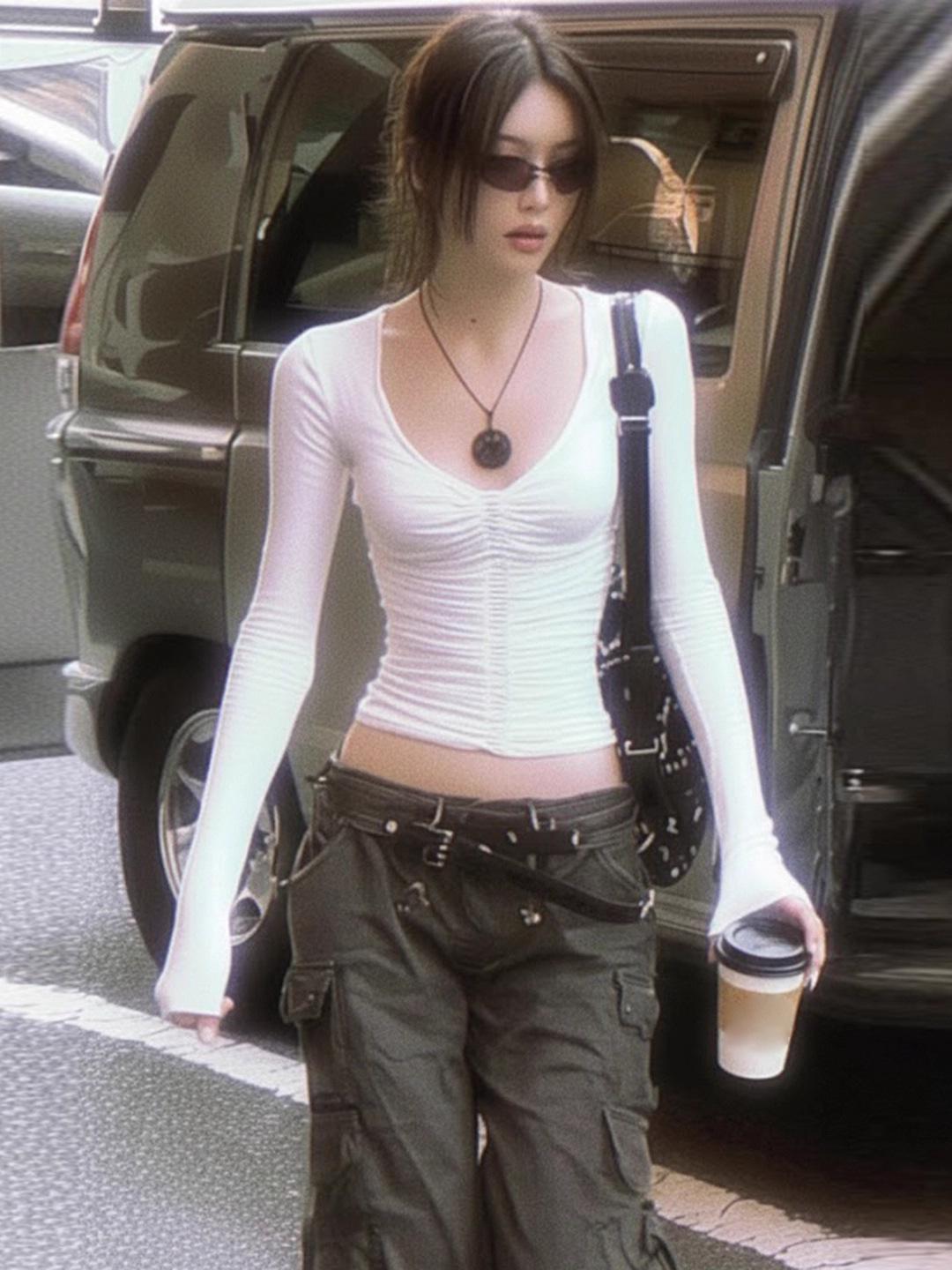 

Hot Sale 2025: Trendy V-Neck Pleated Waist Slimming Long-Sleeve Shirt Small белый