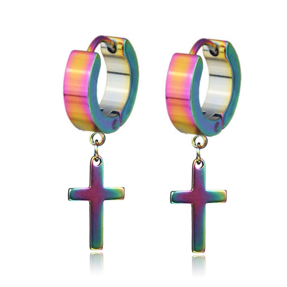 WKOUD 2PCS Stainless Steel No Piercing Cross For Men Kpop Clip On Cross Earring Gothic Punk Fake Ear Cuff Cross Earring Dangle