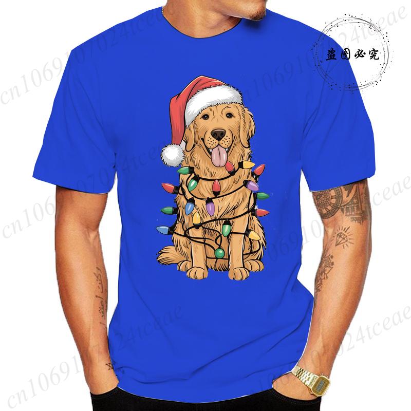 New Mens TShirts Christmas Golden Retriever Print TShirts Round Neck Short Sleeve Casual Tshirt Happy New Year Dog Shirts