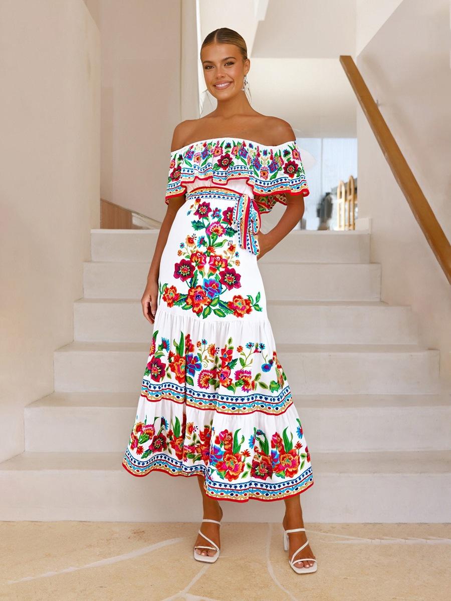 

Off Shoulder Floral Print Maxi Dress with Ruffled Neckline and Waist Tie XL білий