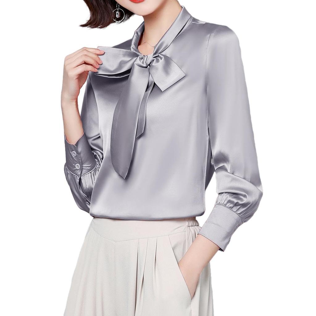 Bolan Verl Bow Tie Long Sleeve Satin Blouse with Ribbon Shiny Stylish and Design for Special and Office Casual Available In 8 and Size M Shirt, Tie,