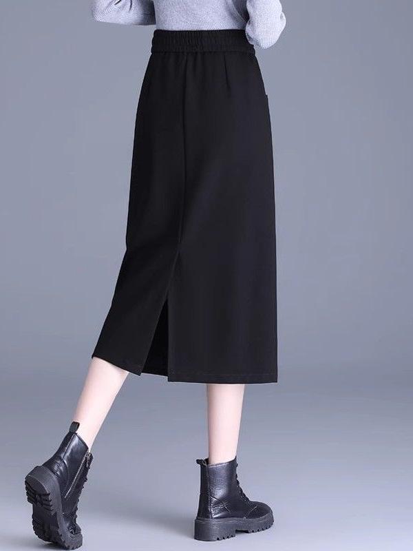 Trendy Solid Color Slit Midi Skirt for Autumn/Winter