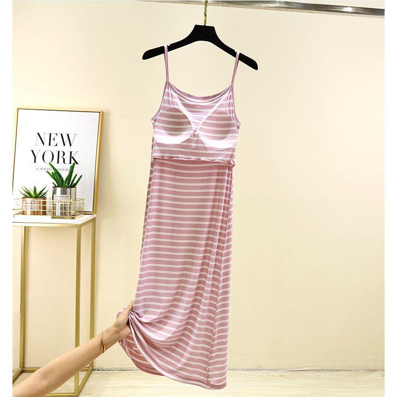 Chest Pad Modal Suspender Skirt Plus Size Slimming Chest Cotton One-Piece Bottoming Underdress Ice Silk Stripe Mid-Length Nightdress