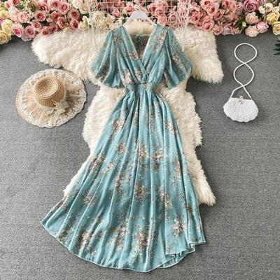 Women Summer Floral V Neck Long Dress High Waist Ruched A Line Short Sleeve