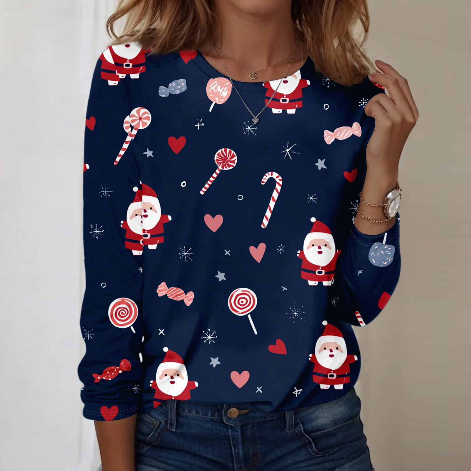 

Женская модная повседневная кофта с длинным рукавом, рождественским принтом и круглым вырезом S тёмно-синий