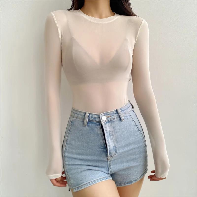 2024 Summer Mesh See-Through Round Neck Long Sleeve Bodysuit