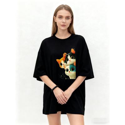 Oversized T Shirt Black Cat Print Graphic Tee Casual Wear for Women Summer Fashion Loose Fit Top Streetwear Style