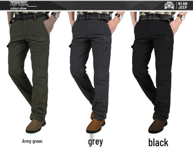 In Stock Men's Quick-Dry Winter Outdoor Multi-Pocket Ski Pants, Plus Velvet Thick Straight-Leg Windproof Long Pants