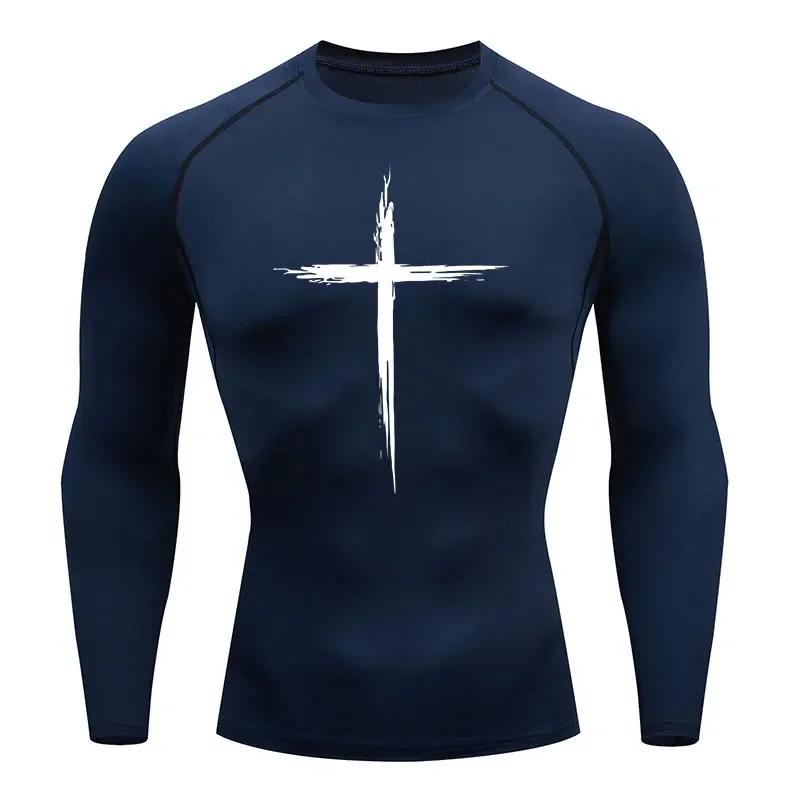Men's Quick Dry Cross Print Sportswear Running Compression Tee Shirt Athletic Muscle Tshirt Fitness Gym Undershirt Sport Top