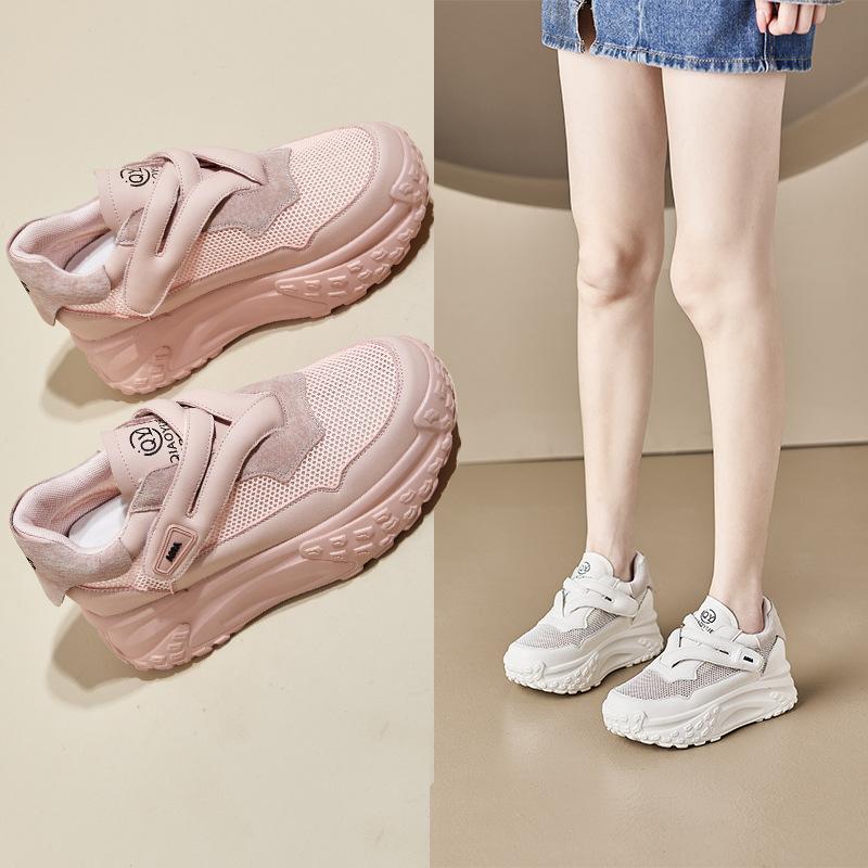 2025 Leather Small Size Casual Shoes for Women, Thick Sole Inner Height Increase Korean Version of Dad Shoes for Women, Velcro Student White Shoes