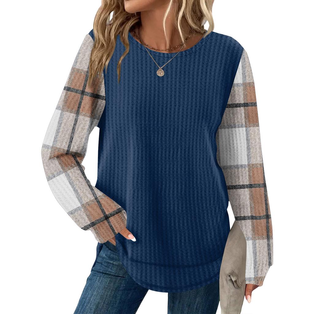 Women's Plaid Print Round Neck Long Sleeve Casual Loose Top