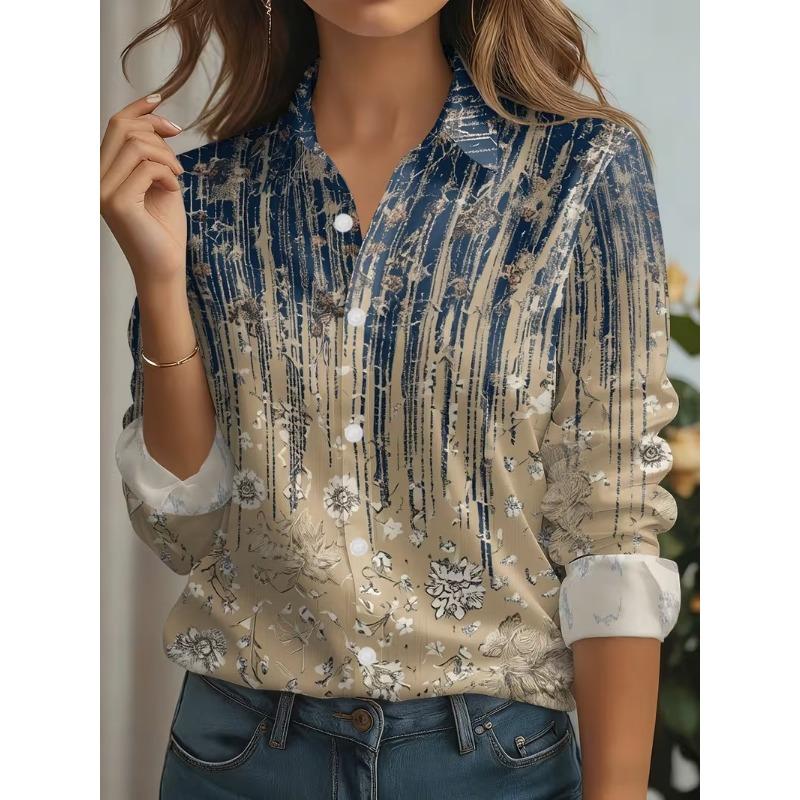 Autumn New Plaid Tie Dye Print Blouse Ladies Long Sleeve Gradient Button Laple Loose Shirts Tops Casual Fashion Women's Clothing