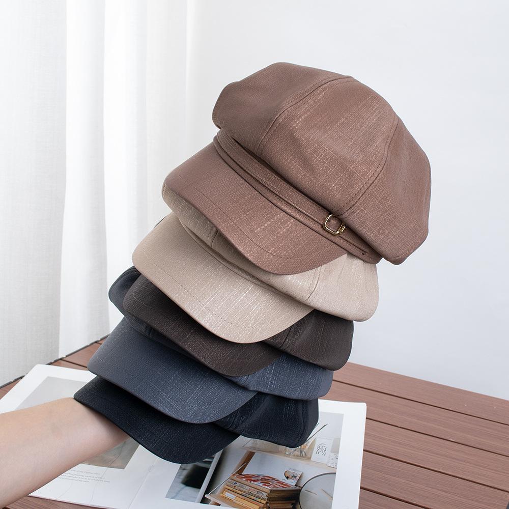 British Style Metal Buckle PU Octagonal Hat Children's Retro Trend Beret Showing Face Small Fashion Versatile Newsboy Hat