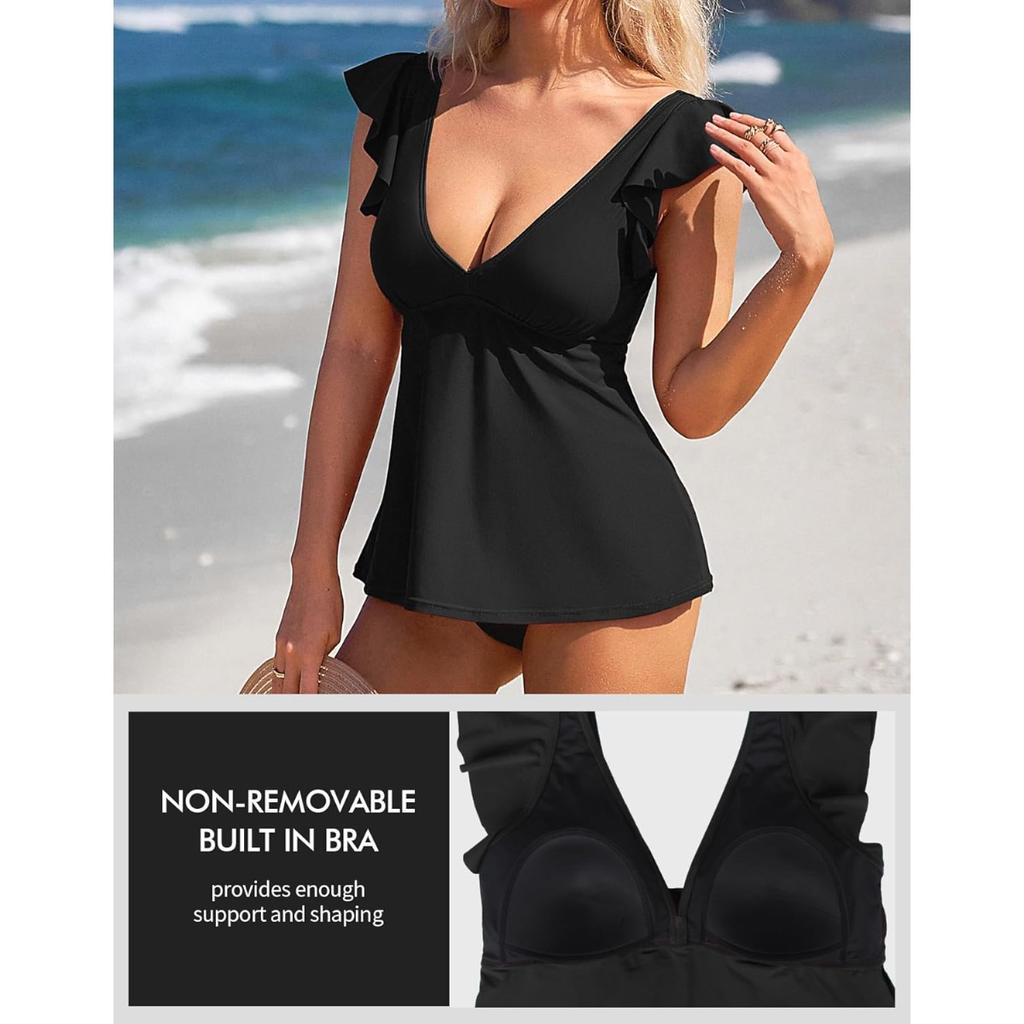 CHARMLEAKS Women Tankini Top Ruffled Shoulder Bathing Suit Top V Neck Swimsuit Top Flowy Bikini Tank Top