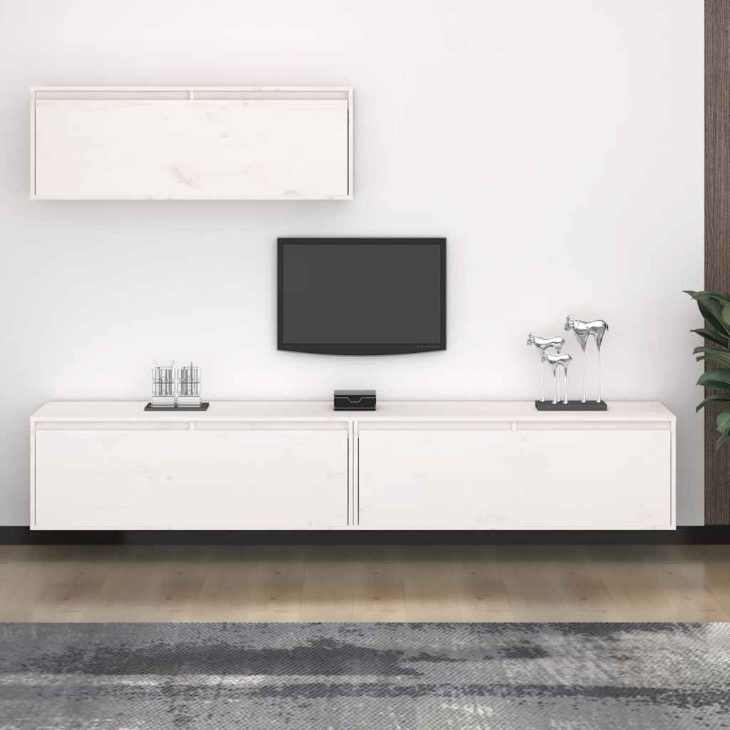 3 Piece TV Cabinet Set White Solid Pine Wood