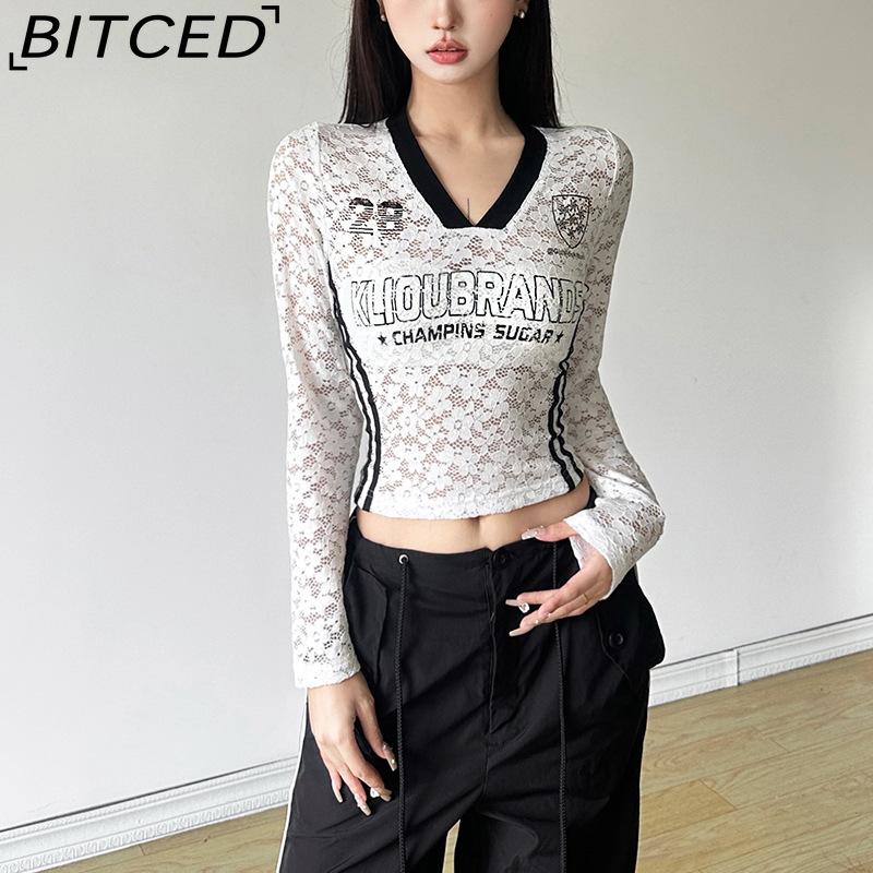 BITCED Autumn Women's Solid-Colour Slim-Fit Cropped V-Neck Long-Sleeved Printed Top