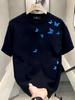 Blue Butterfly Print Pattern Casual Daily Womens Commuting Tops Retro Tshirt Fashionable Comfortable Printed Casual Tshirt