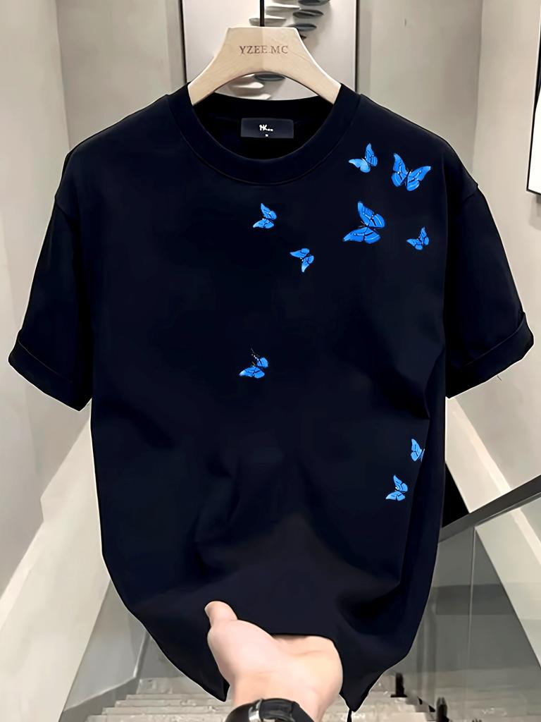Blue Butterfly Print Pattern Casual Daily Womens Commuting Tops Retro Tshirt Fashionable Comfortable Printed Casual Tshirt