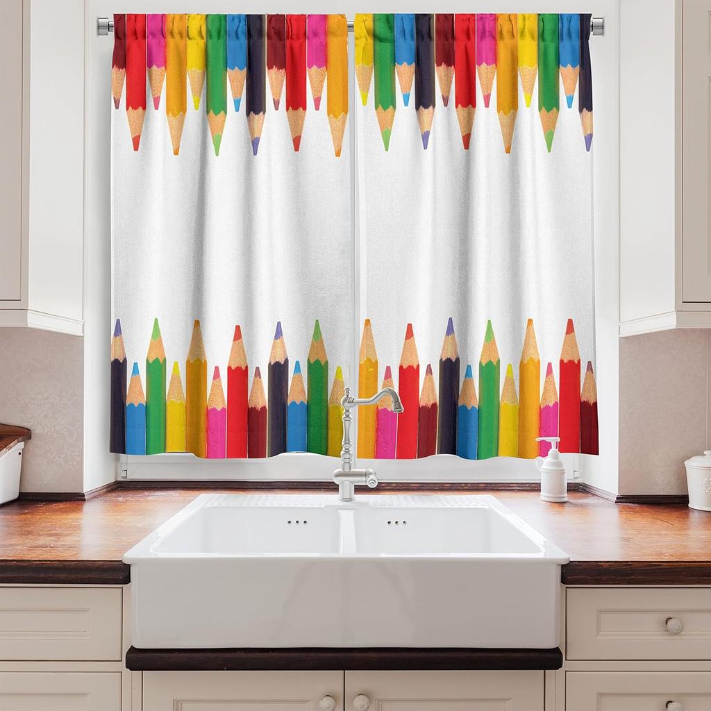 Lunarable Back School Kitchen Curtains Coloured Pencils Children Painting Theme Primary Creativity Abc Print Window Curtain Polyester Perfect For