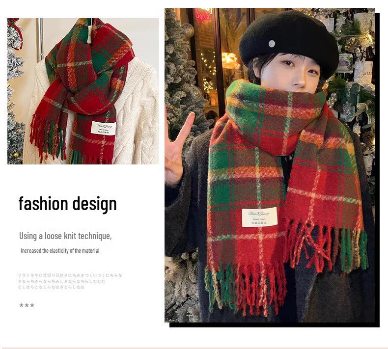 Women's Christmas Plaid Scarf - Autumn/Winter Korean-Style, Versatile Imitation Cashmere Shawl with Tassels