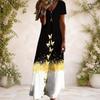 Women Plus Size Black White V Neck Short Sleeve Butterfly Printed Long Dress