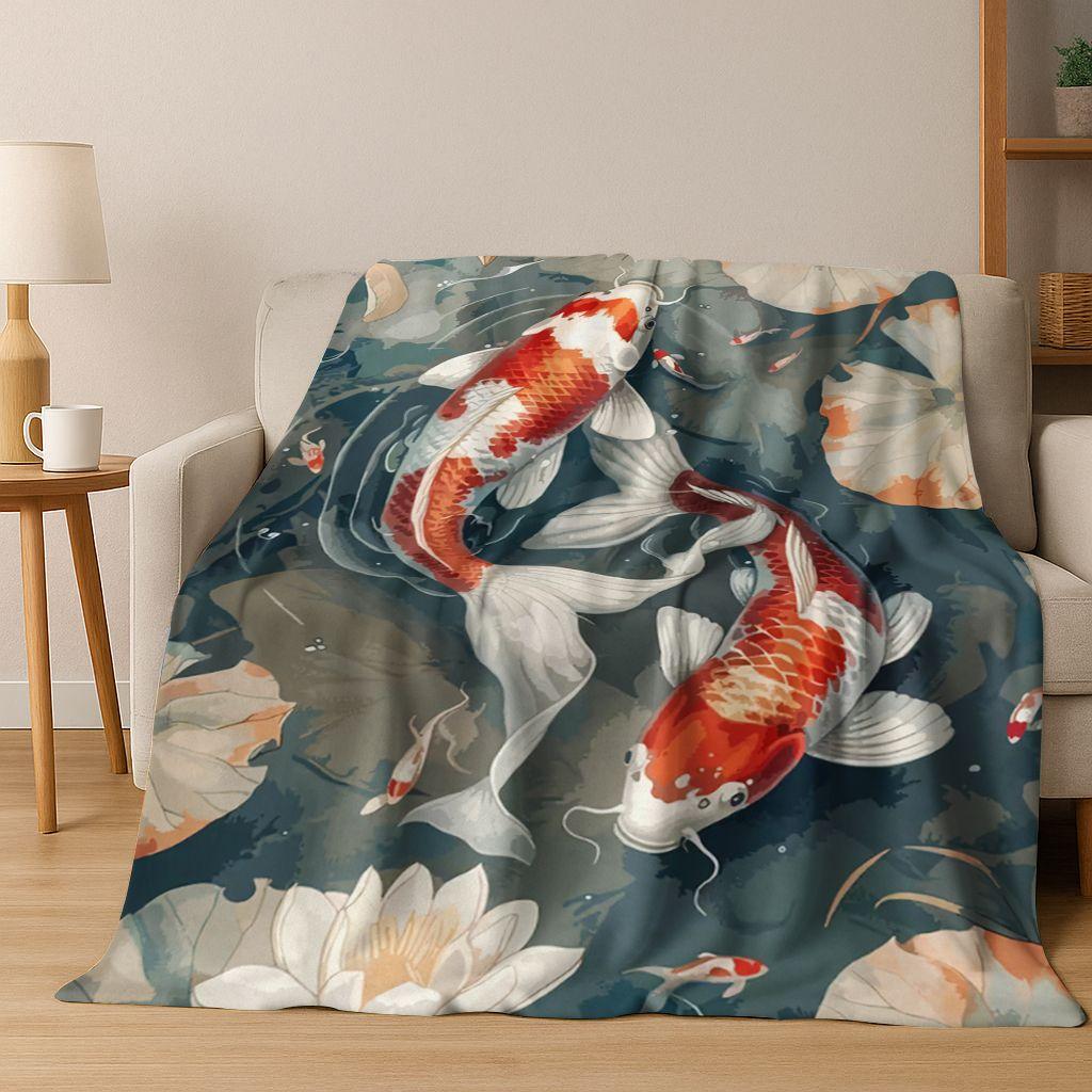 Luxuriöse Glückskarpfen Yin Yang Karpfen Cartoon Flanell Decke, Gemütliche Weiche Überwurfdecke für Zuhause Schlafzimmer Bett Sofa Abdeckung Geschenk Kind