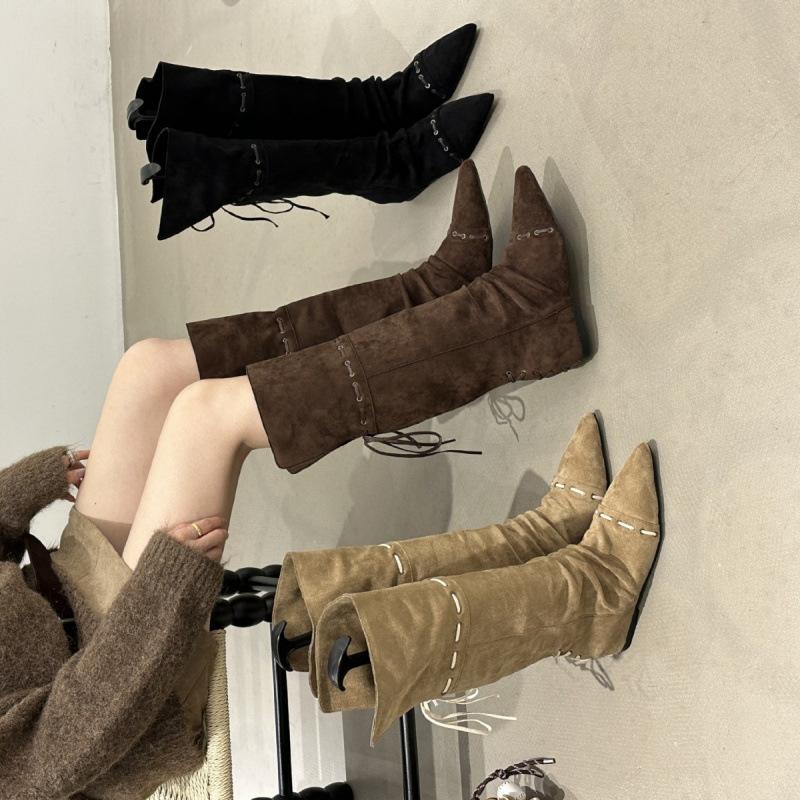 Internet celebrity wasteland wind pointed pleated pile boots women's winter 2025 new inner heightening suede lace-up high boots