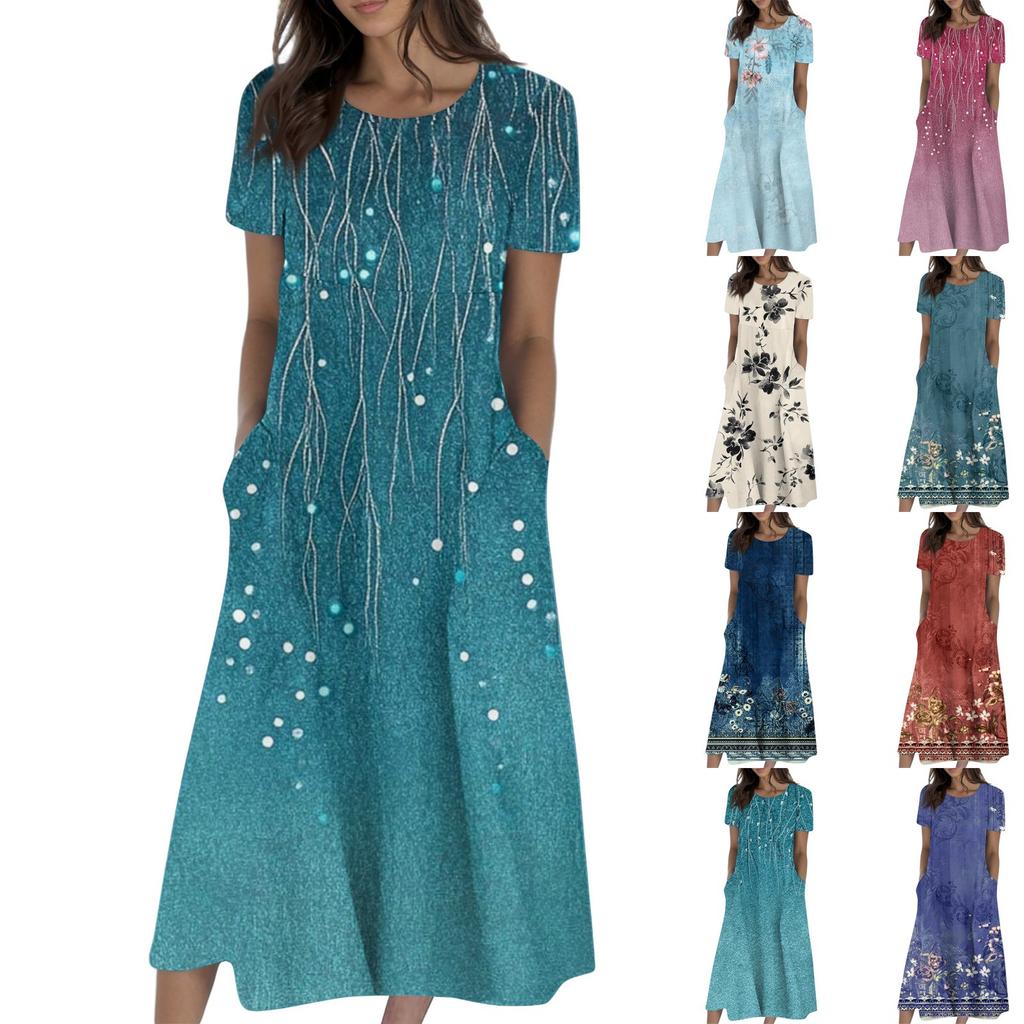 Women's Summer Casual Fashion Printed Short Sleeve Round Neck Pocket Dress