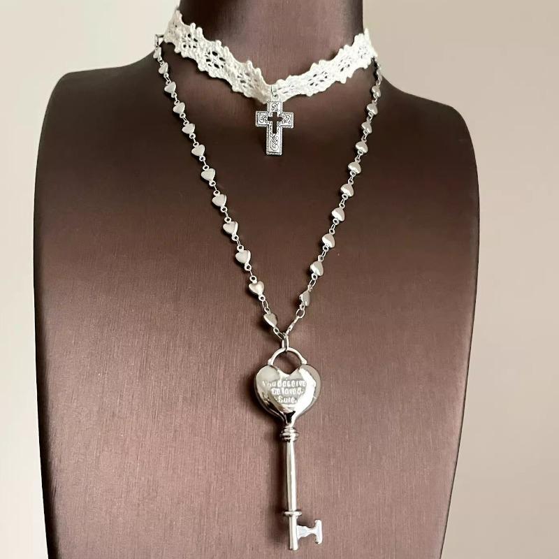 Korean Punk Cross White Lace Double Layer Clavicle Chain Necklace for Women Girls Fashion Punk Sweet Cool Choker Accessories